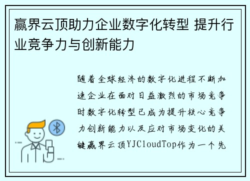 赢界云顶助力企业数字化转型 提升行业竞争力与创新能力